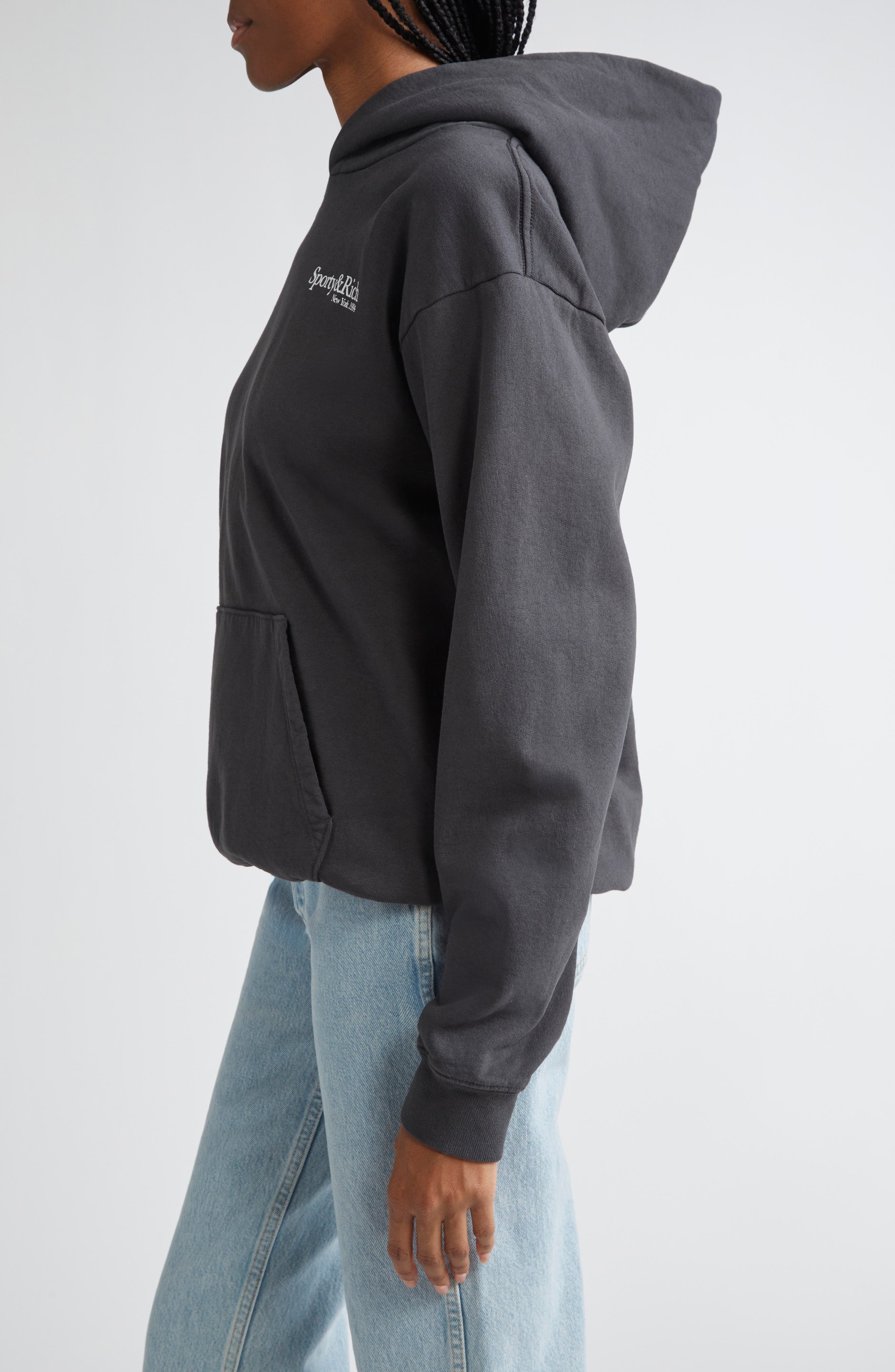 Sporty & Rich HWCNY Oversize Cotton Fleece Graphic Hoodie in Faded Black at Nordstrom - 3