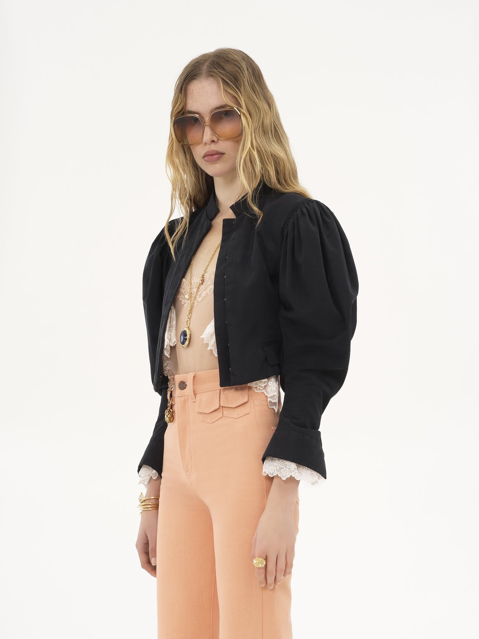 PUFF-SLEEVE CROPPED JACKET IN SILK FAILLE - 4