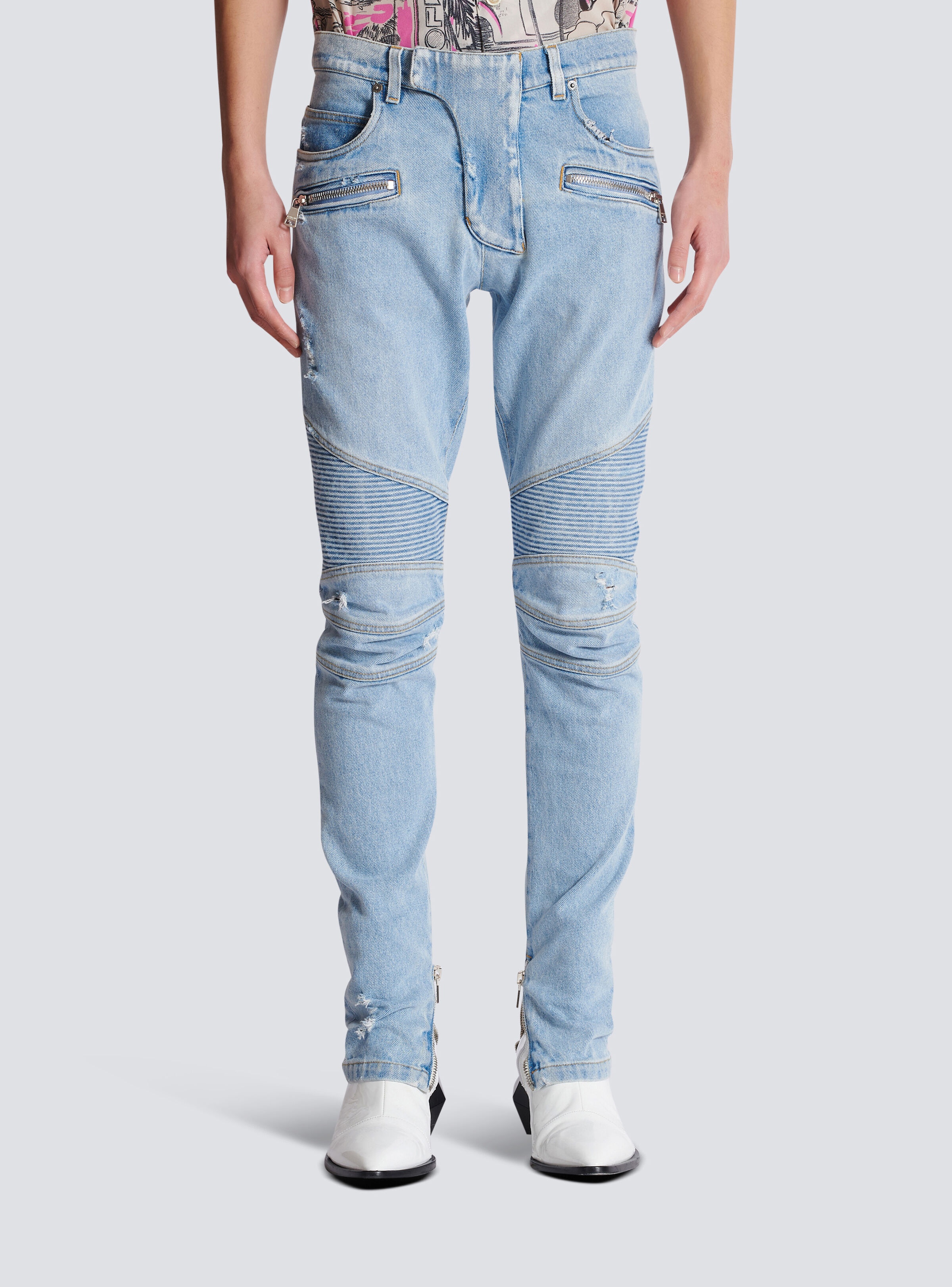 Light blue denim biker jeans - 5