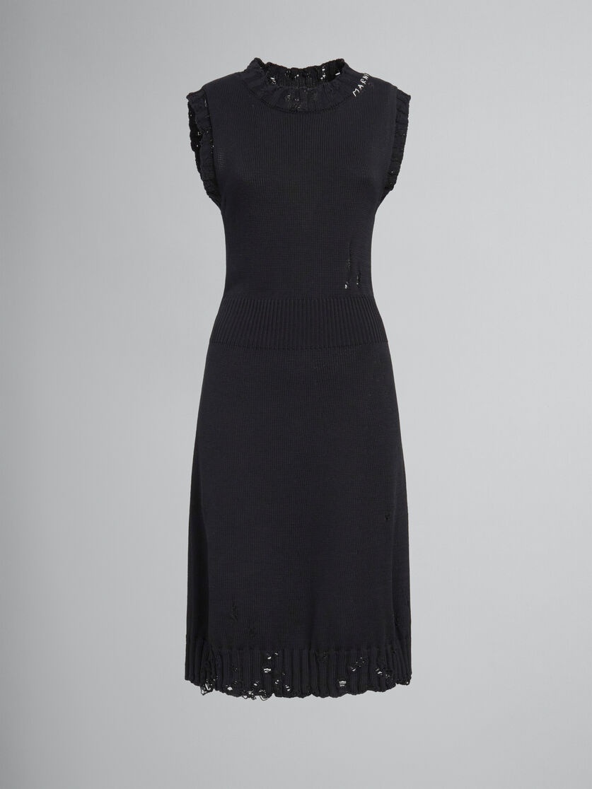 BLACK DISHEVELLED COTTON KNITTED DRESS - 1