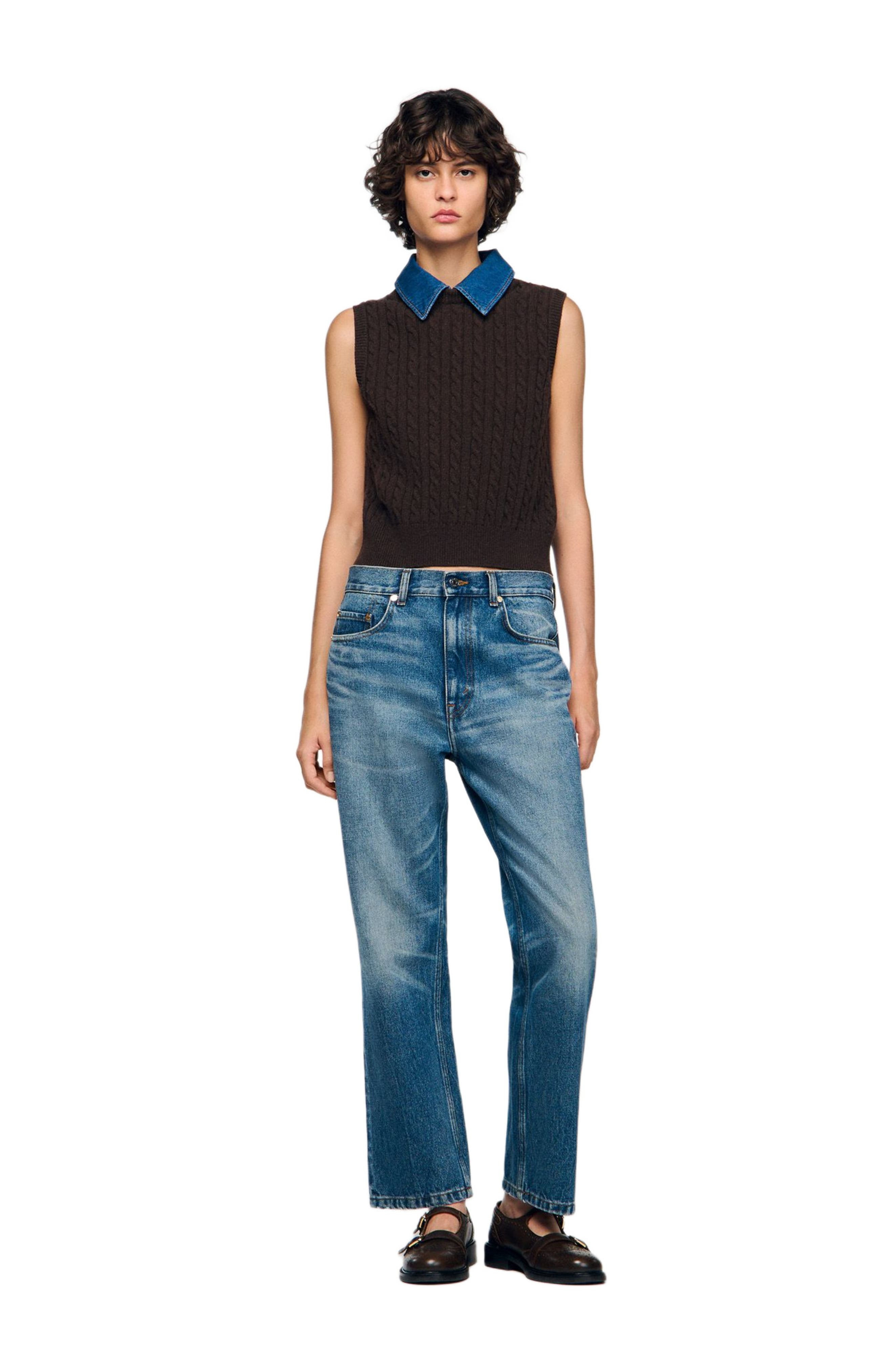 SANDRO Knit and denim sweater in Brown at Nordstrom - 6