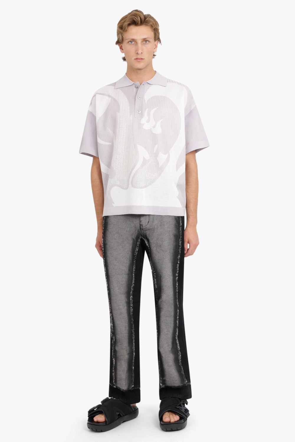 KNIT POLO WITH PHOENIX PATTERN | GREY/WHITE - 2