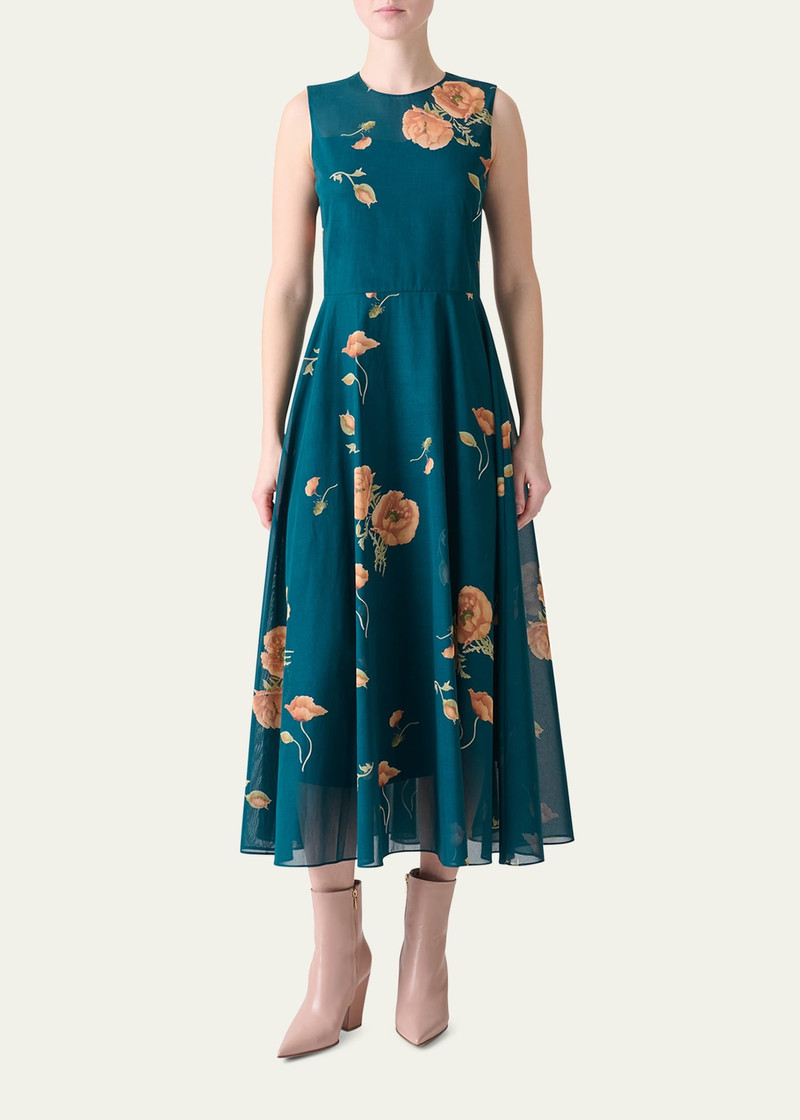AKRIS Anemone Print Belted Fit-and-Flare Voile Dress outlook