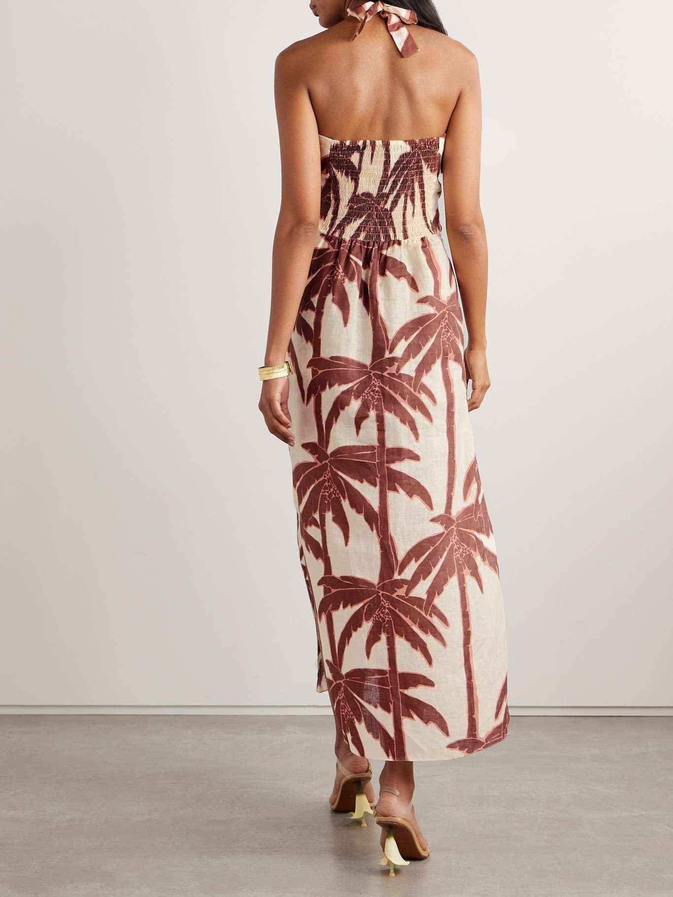 Water Adventure cutout printed linen halterneck midi dress Cream - 3