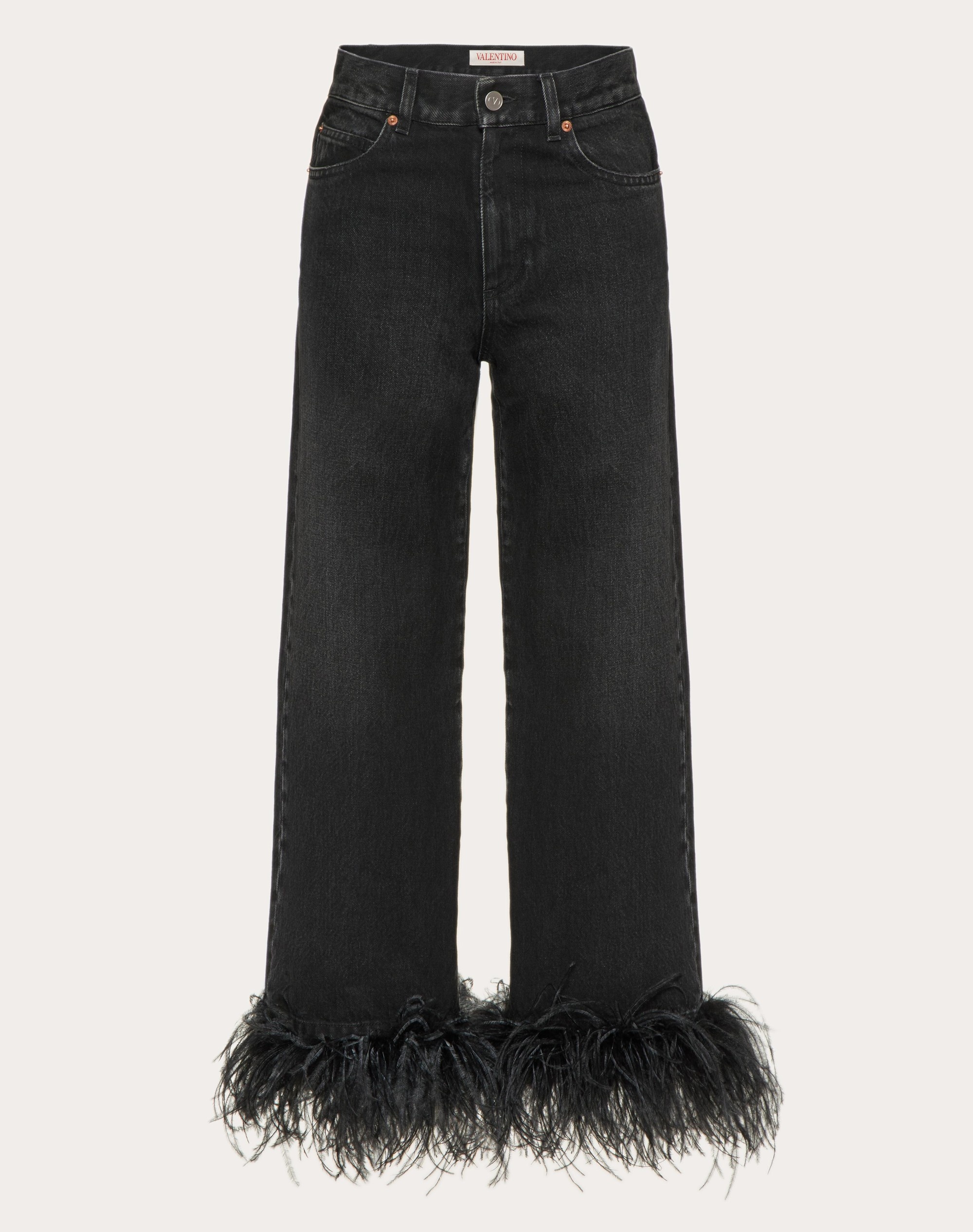 DENIM JEANS EMBROIDERED WITH FEATHERS - 1