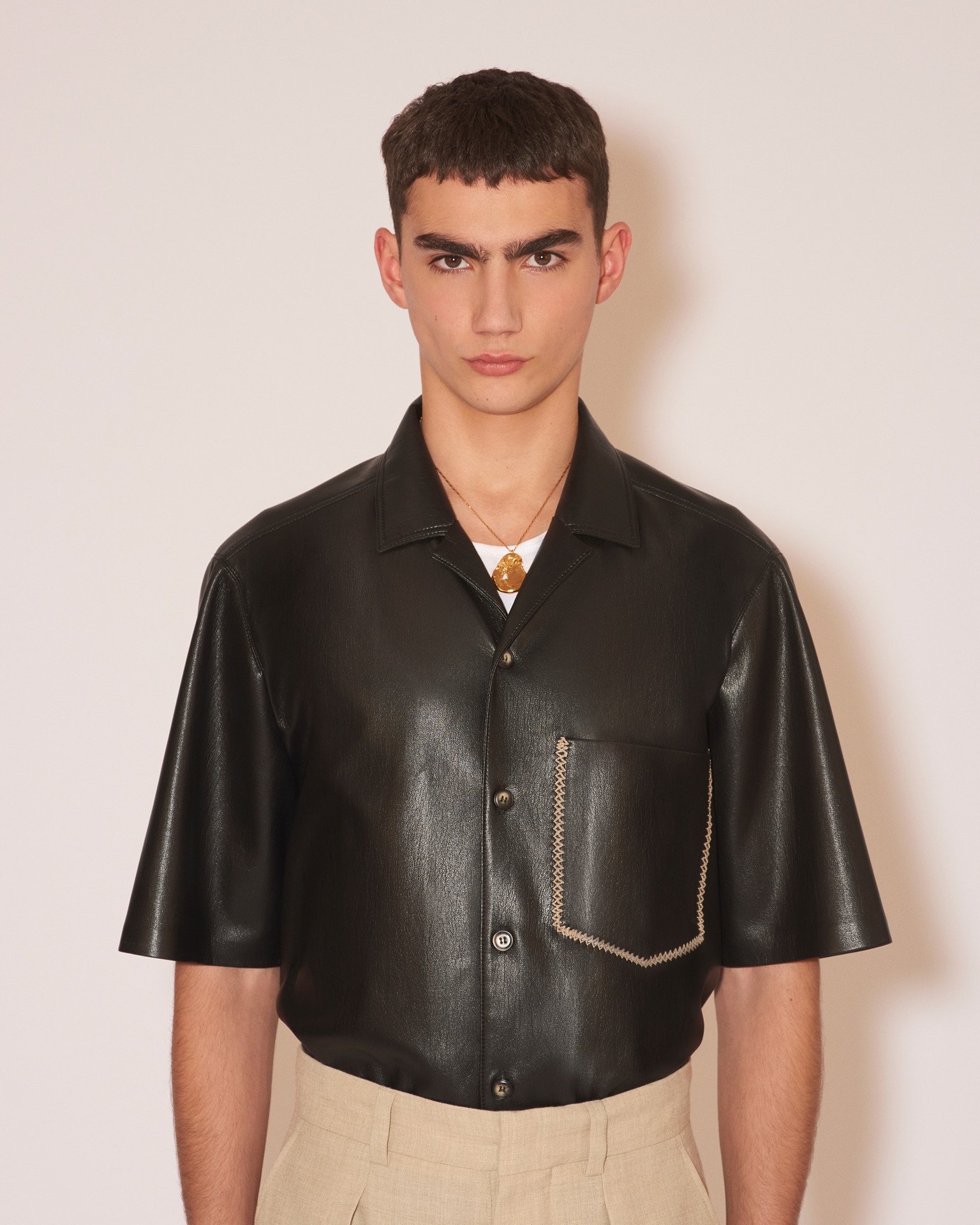 BODIL - Vegan leather merrow-stitch shirt - Black - 6