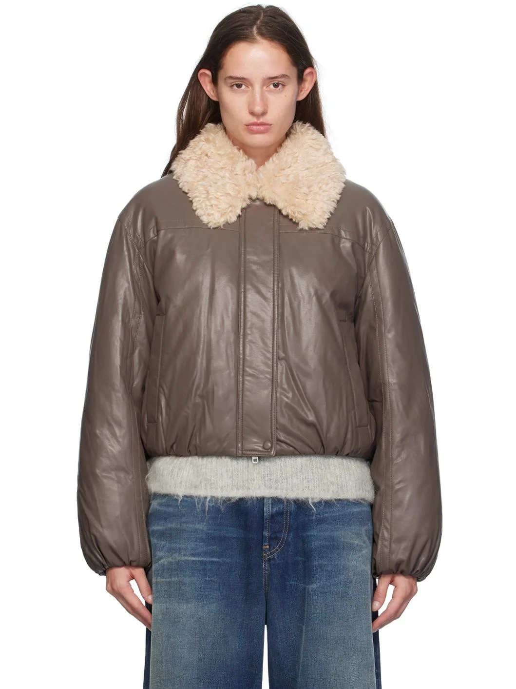 Taupe Fran Faux-Leather Bomber Jacket - 1