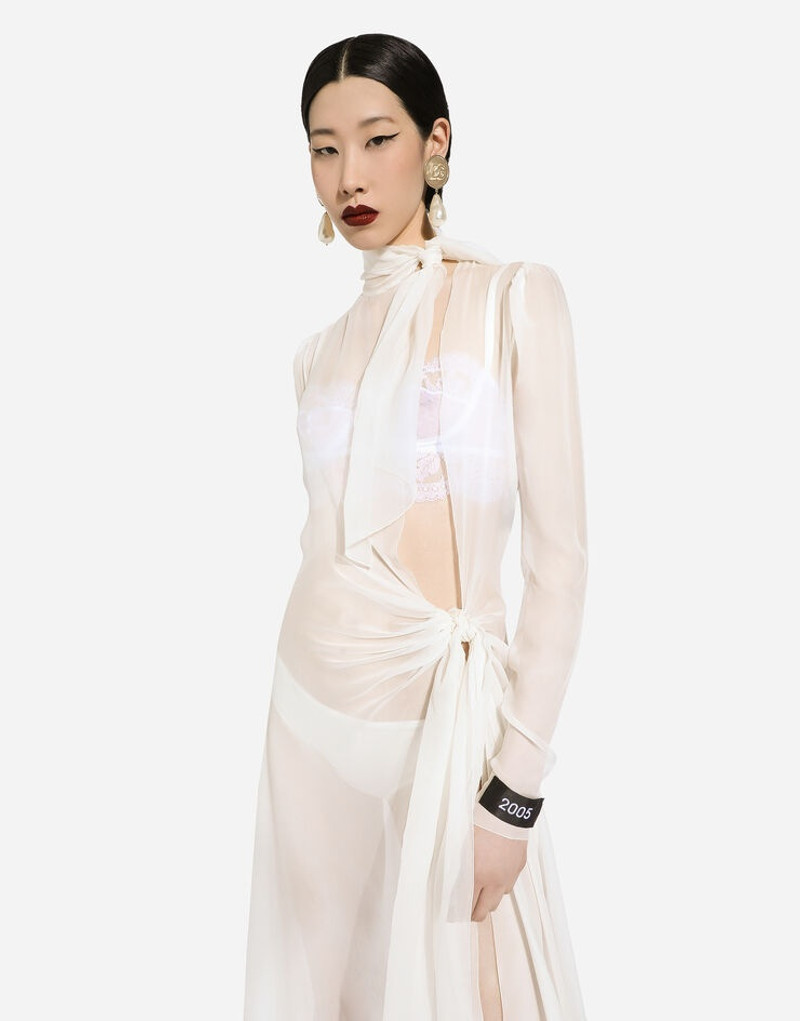 Long silk chiffon dress with bow detail 9