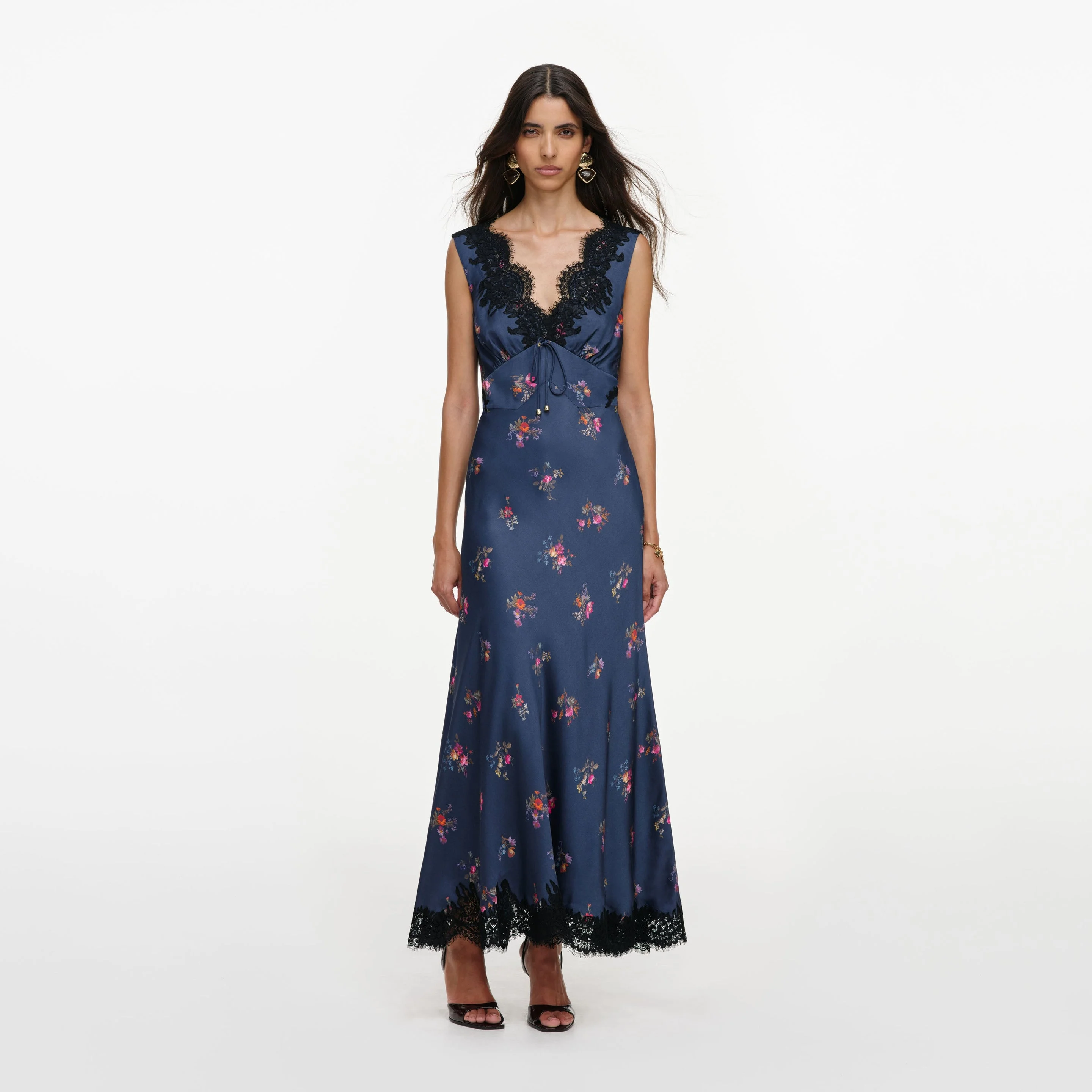 Navy Satin Printed Lace Midi Dress - 1