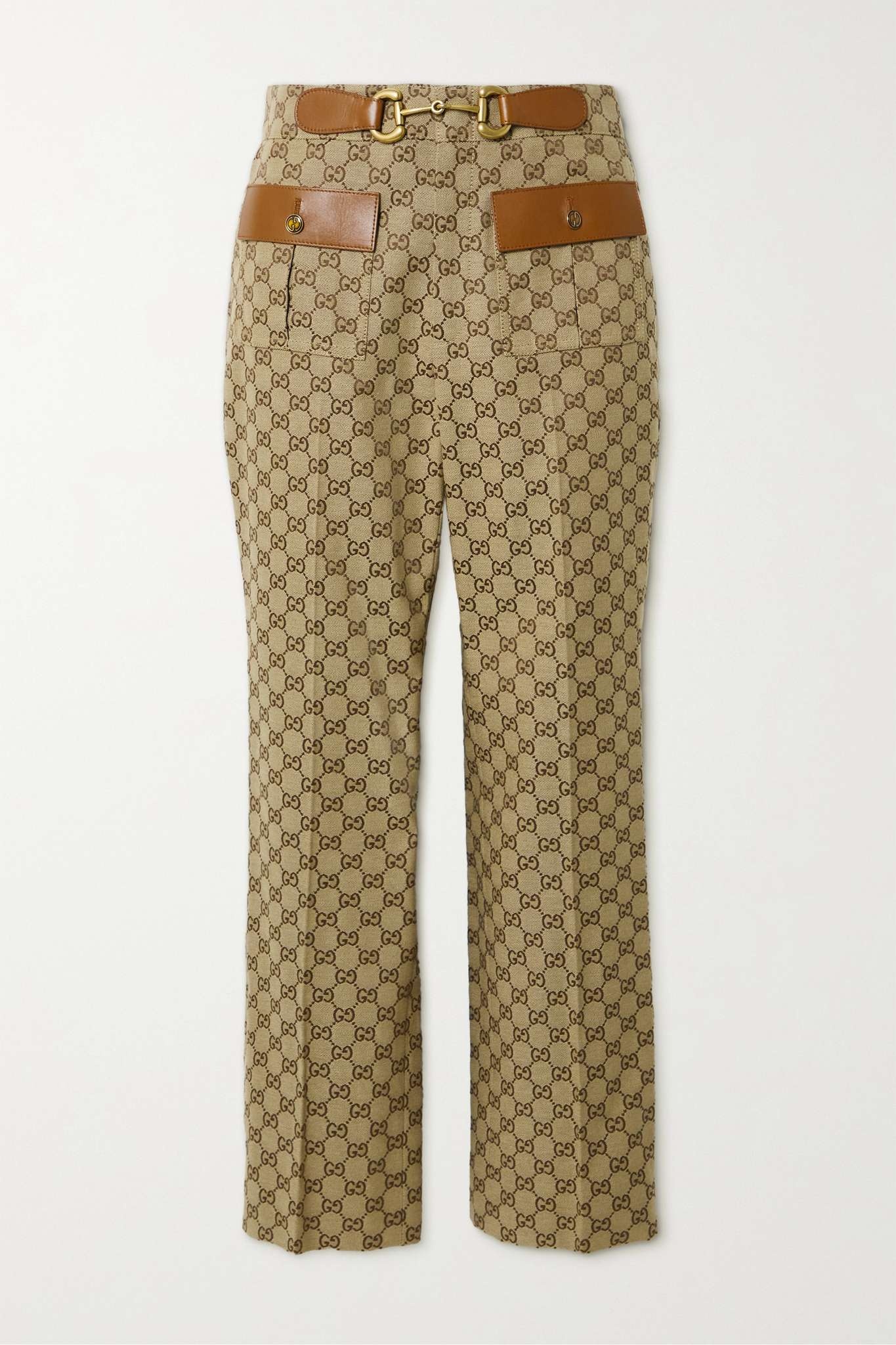 Leather-trimmed cotton-blend canvas-jacquard flared pants - 1