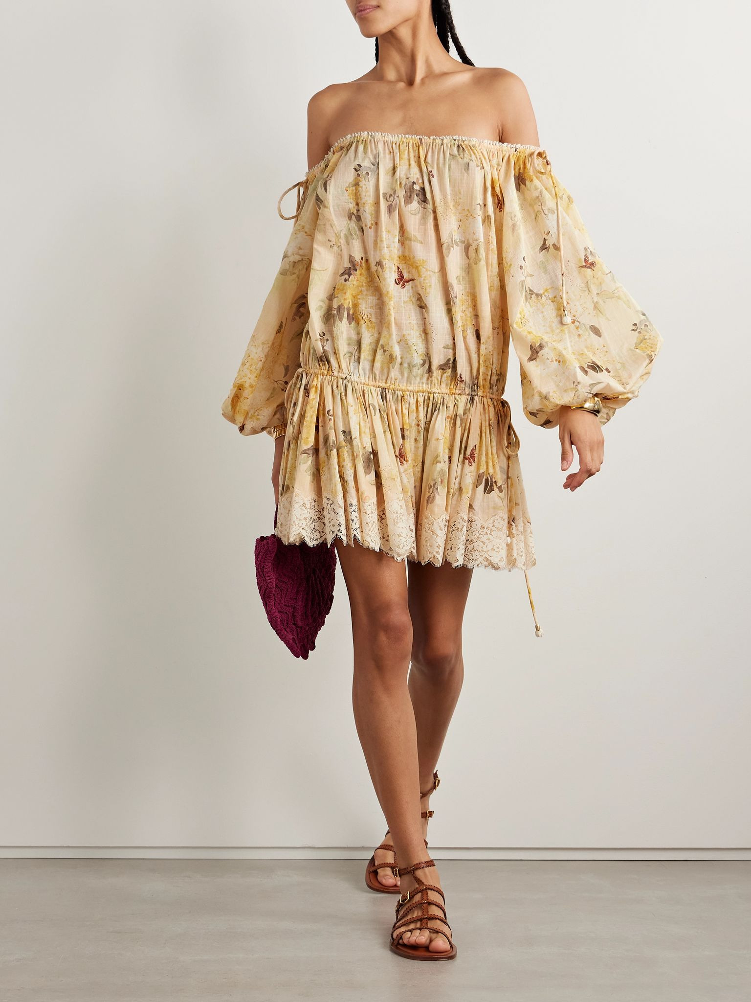 Cascadian off-the-shoulder lace-trimmed printed cotton-voile mini dress Cream - 2