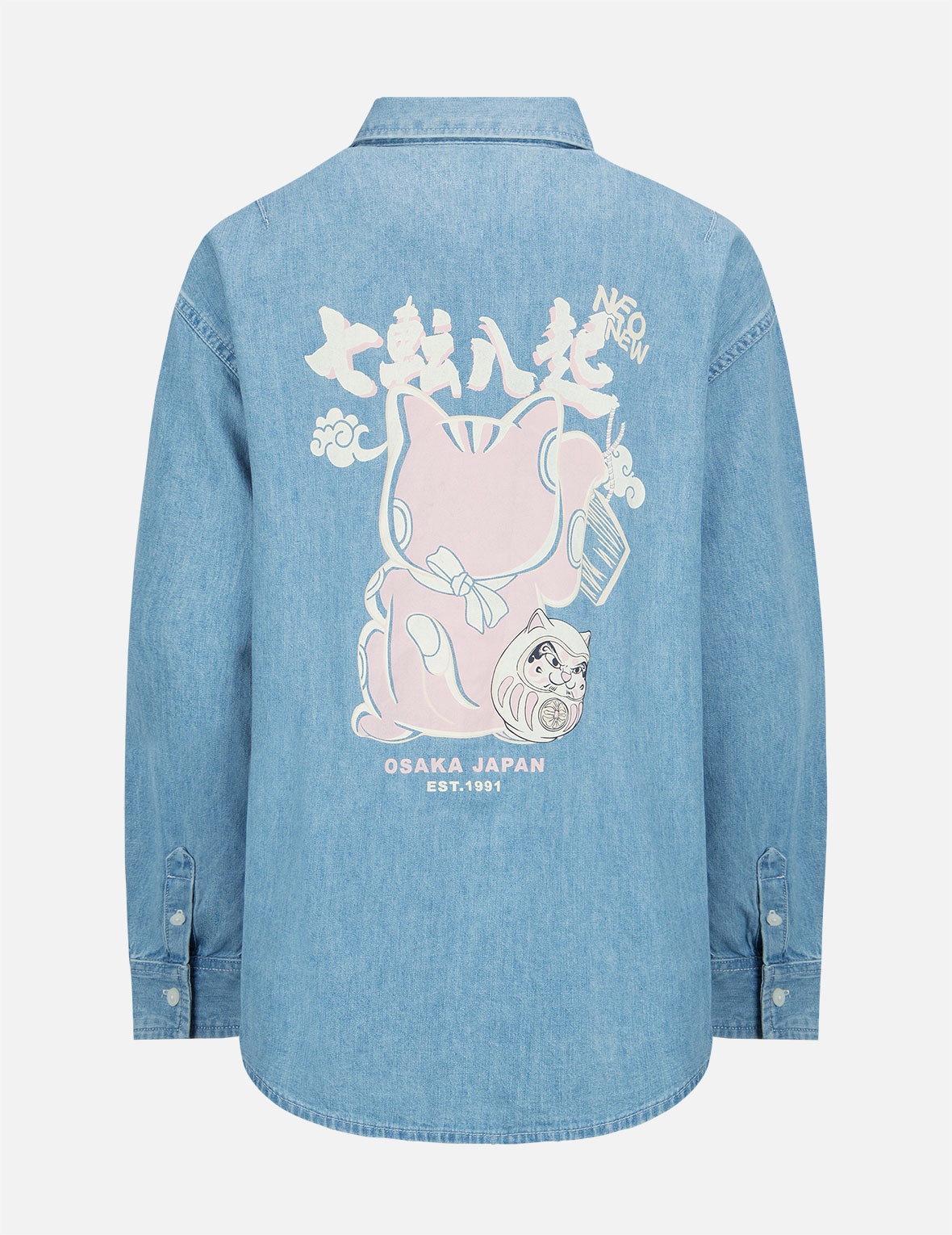 FORTUNE CAT WITH DARUMA PRINT DENIM SHIRT - 1