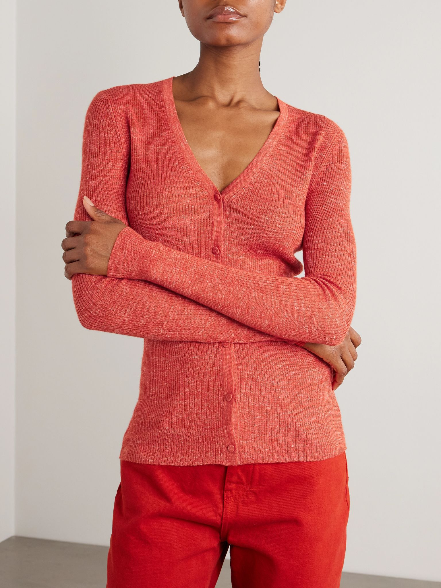 Aiste ribbed cashmere, silk and hemp-blend cardigan Orange - 3