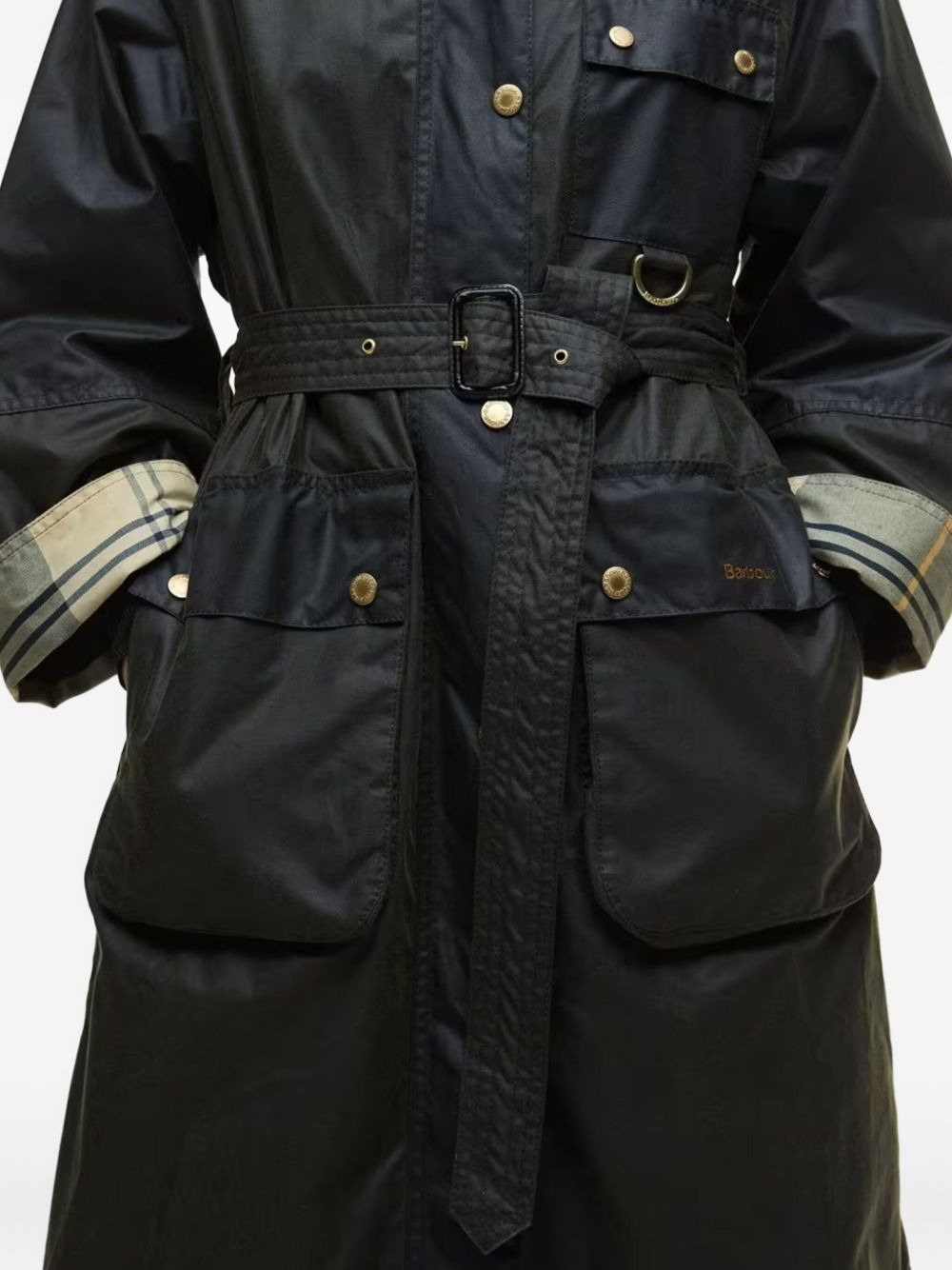 belted tartan-cuff coat - 5