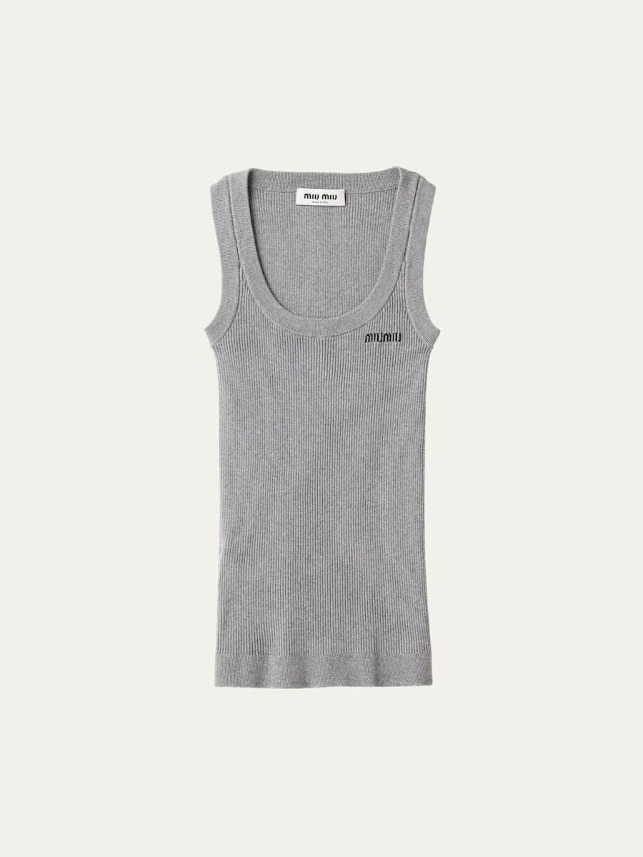 Scoop-Neck Rib Knit Cotton Tank Top - 1