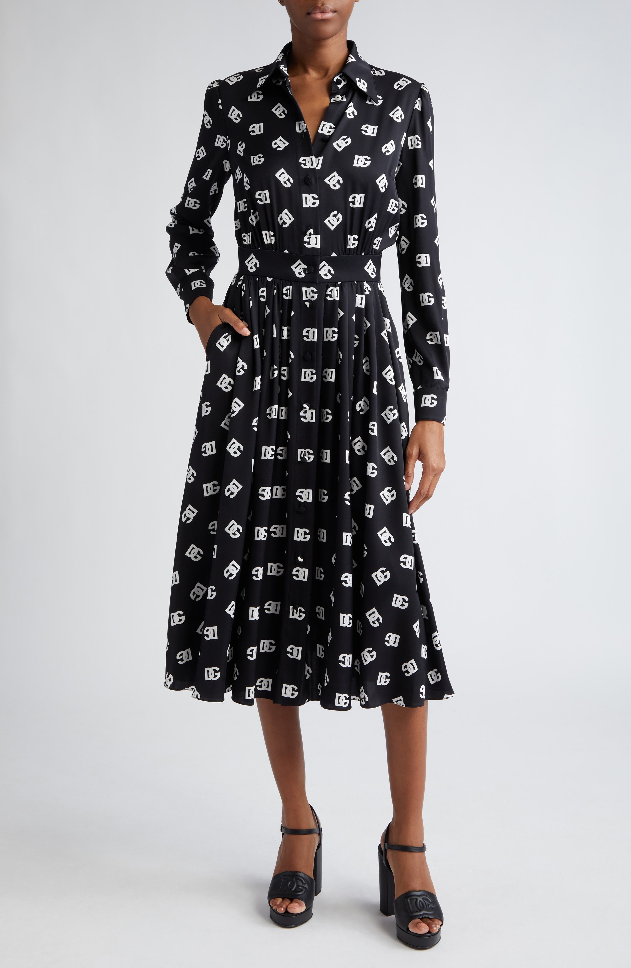 Pleated Monogram Logo Long Sleeve Stretch Silk Charmeuse Midi Dress - 1