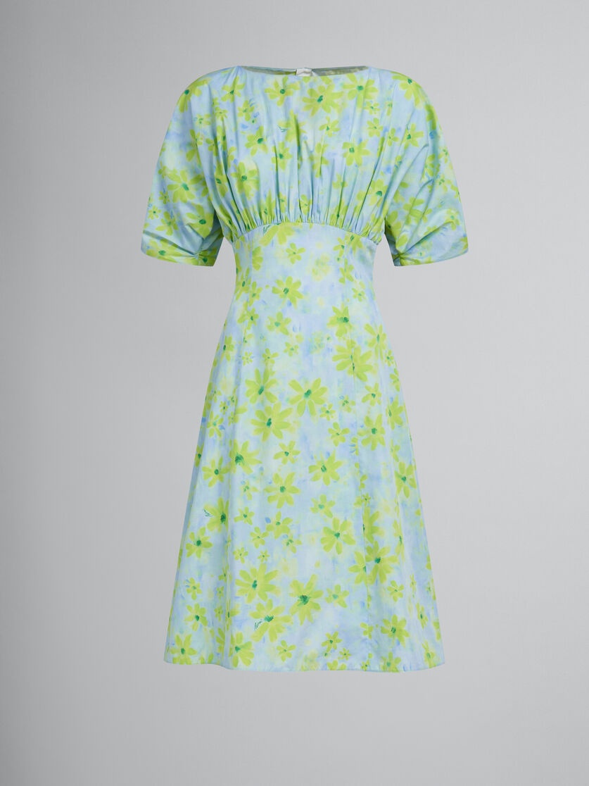 LIGHT GREEN POPLIN GATHERED DRESS WITH PARADE PRINT - 1