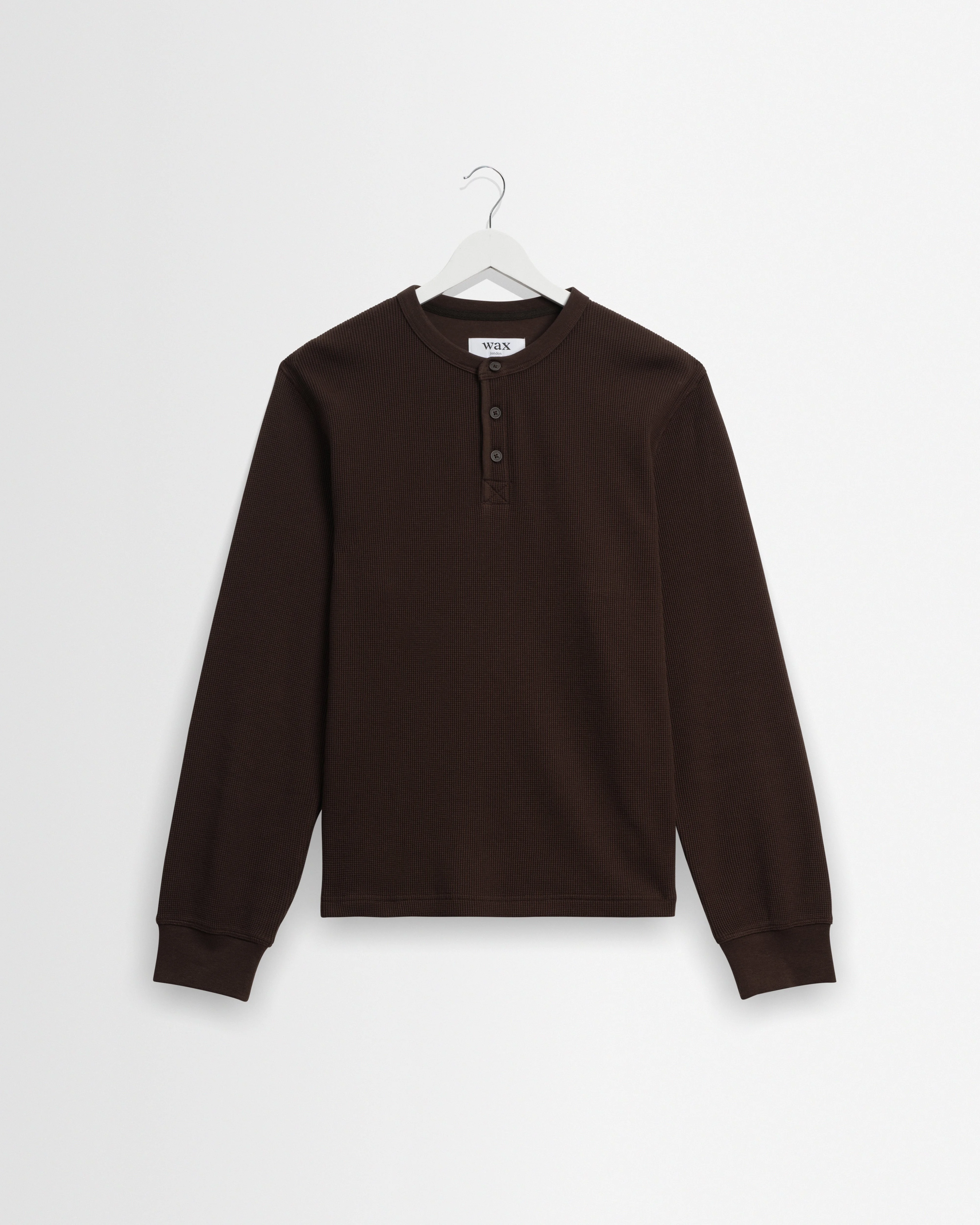 Halton - Dark Brown Waffle Long-Sleeve Henley T-Shirt - 1