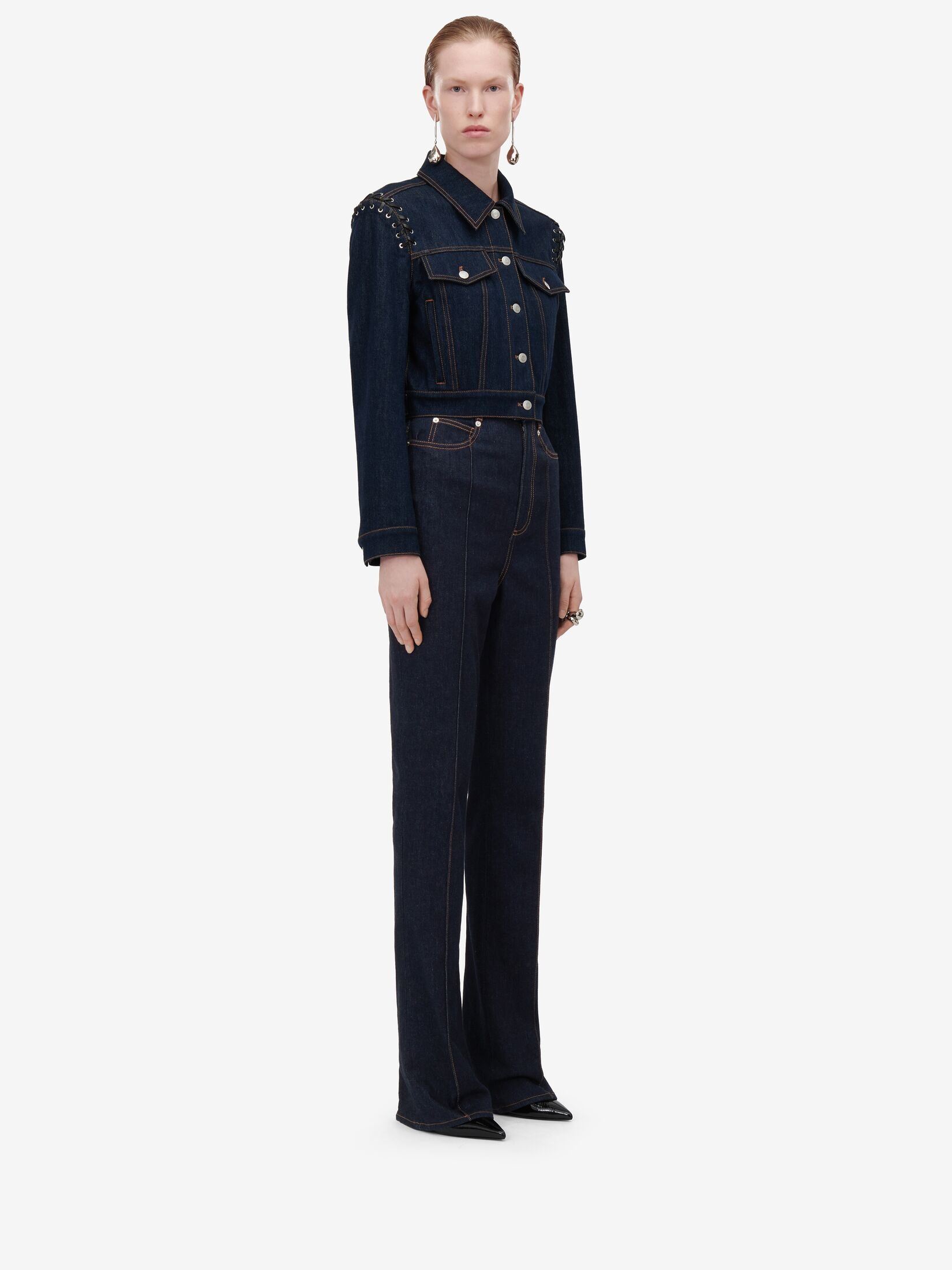 Women's Lace Detail Cropped Denim Jacket in Denim - 3