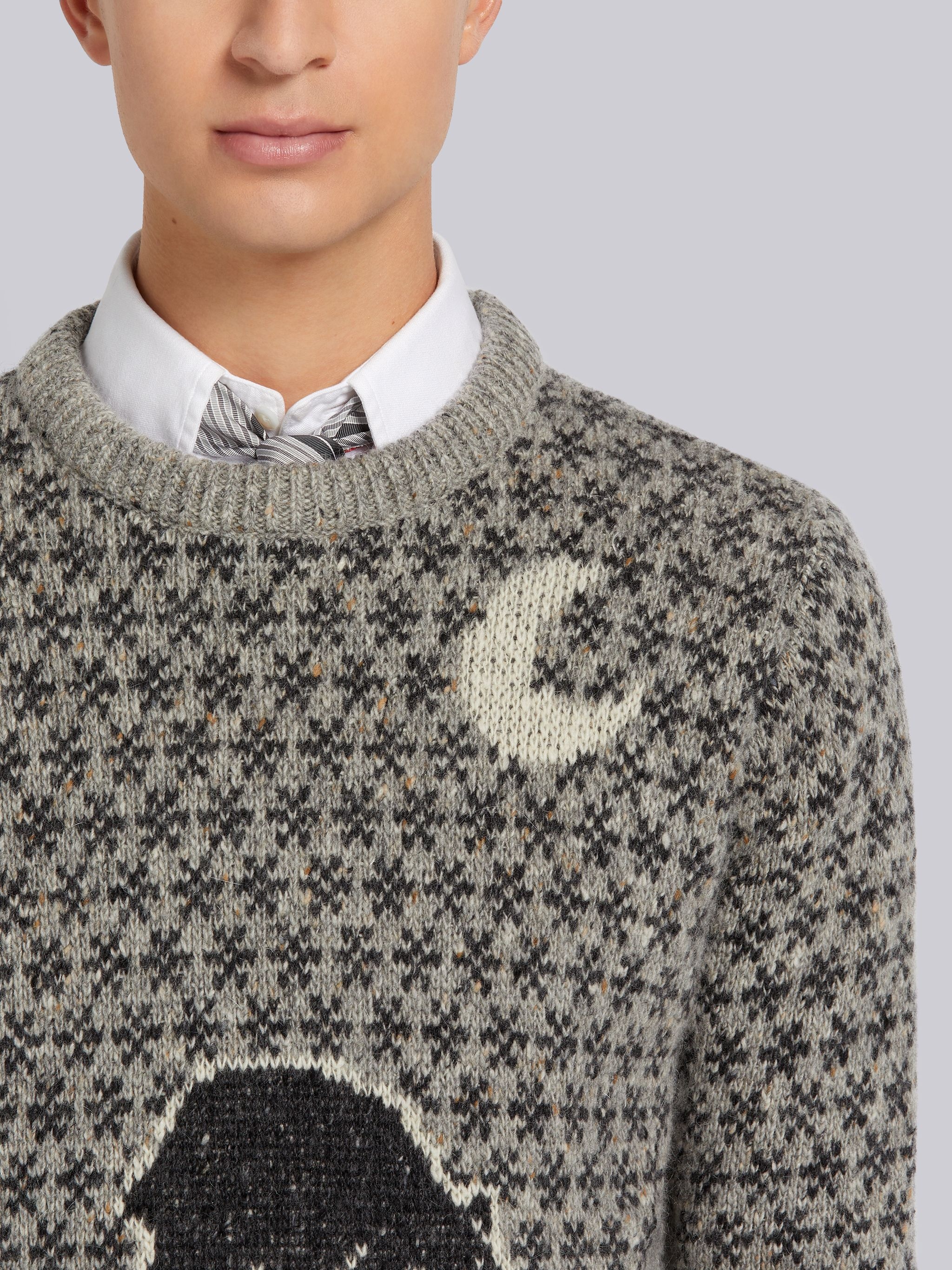 Tonal Grey Mohair Tweed Fair Isle Jacquard Relaxed Fit Crew Neck - 5