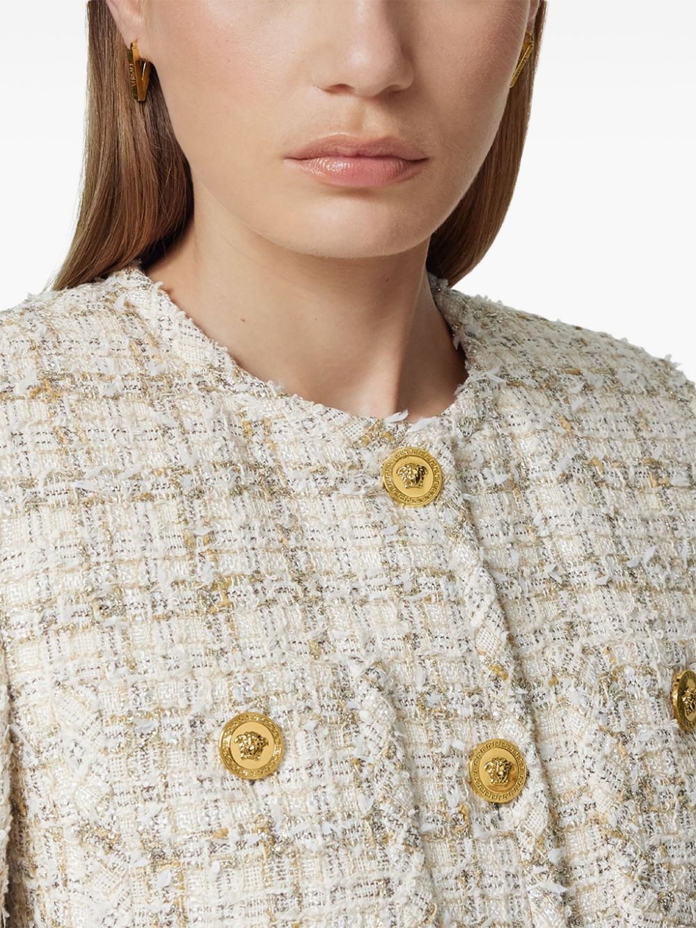 【送料&関税込】Versace Tweed Jacket Double-breasted bouclé tweed jacket in pink - Versace