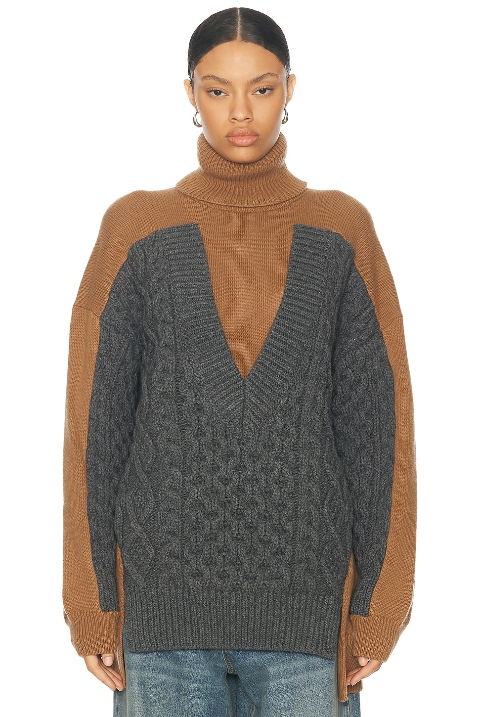 Oversized Paneled Cable Turtleneck Sweater - 1