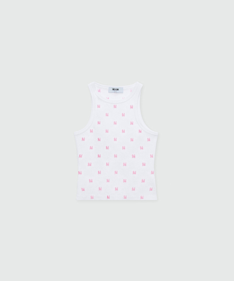 White ribbed cotton jersey top with all-over MWAVE embroidery 1
