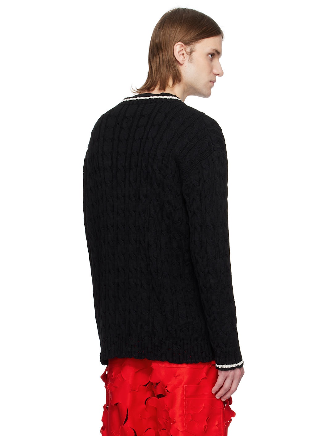 Black Dishevelled Cable Cotton Gauge 5 Sweater - 3