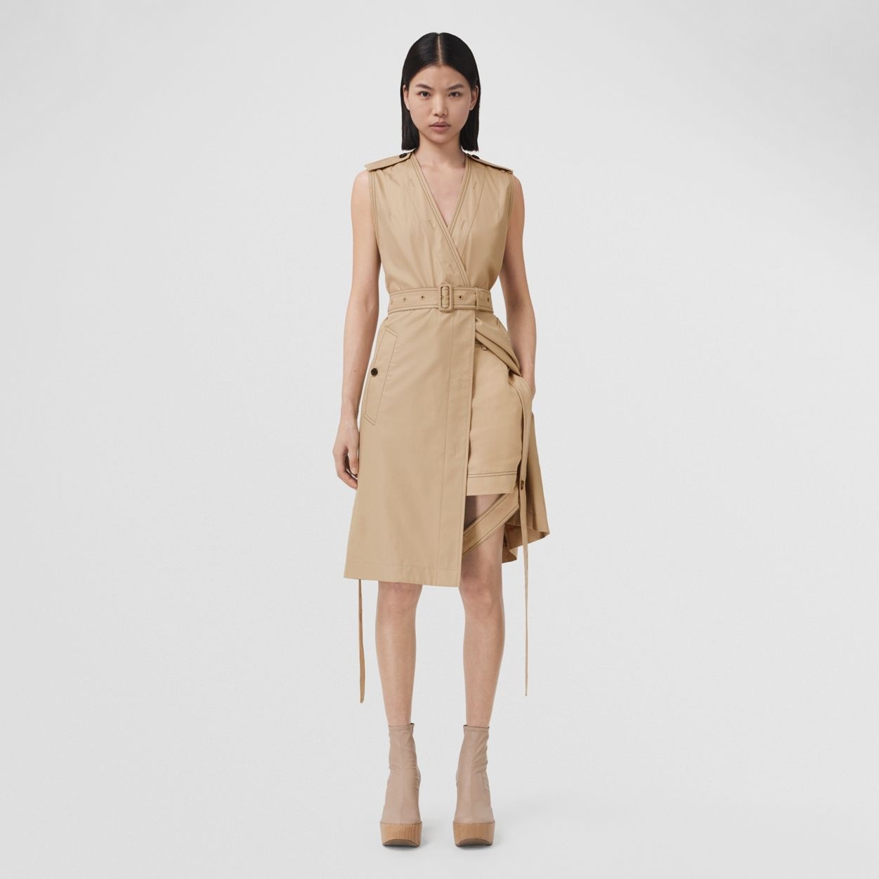 Sleeveless Cotton Gabardine V-neck Trench Dress - 2