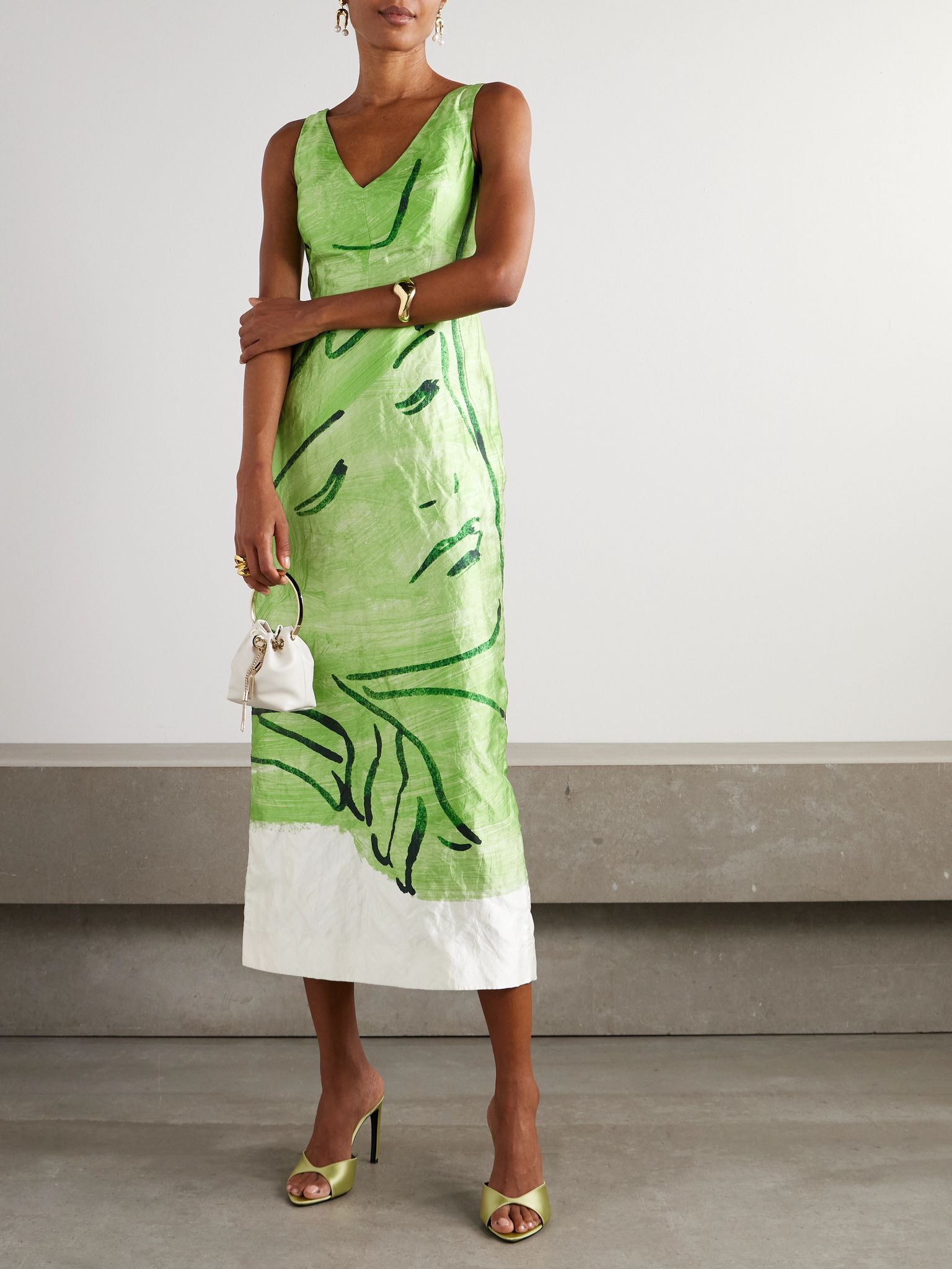 Printed satin-twill midi dress Bright green - 2