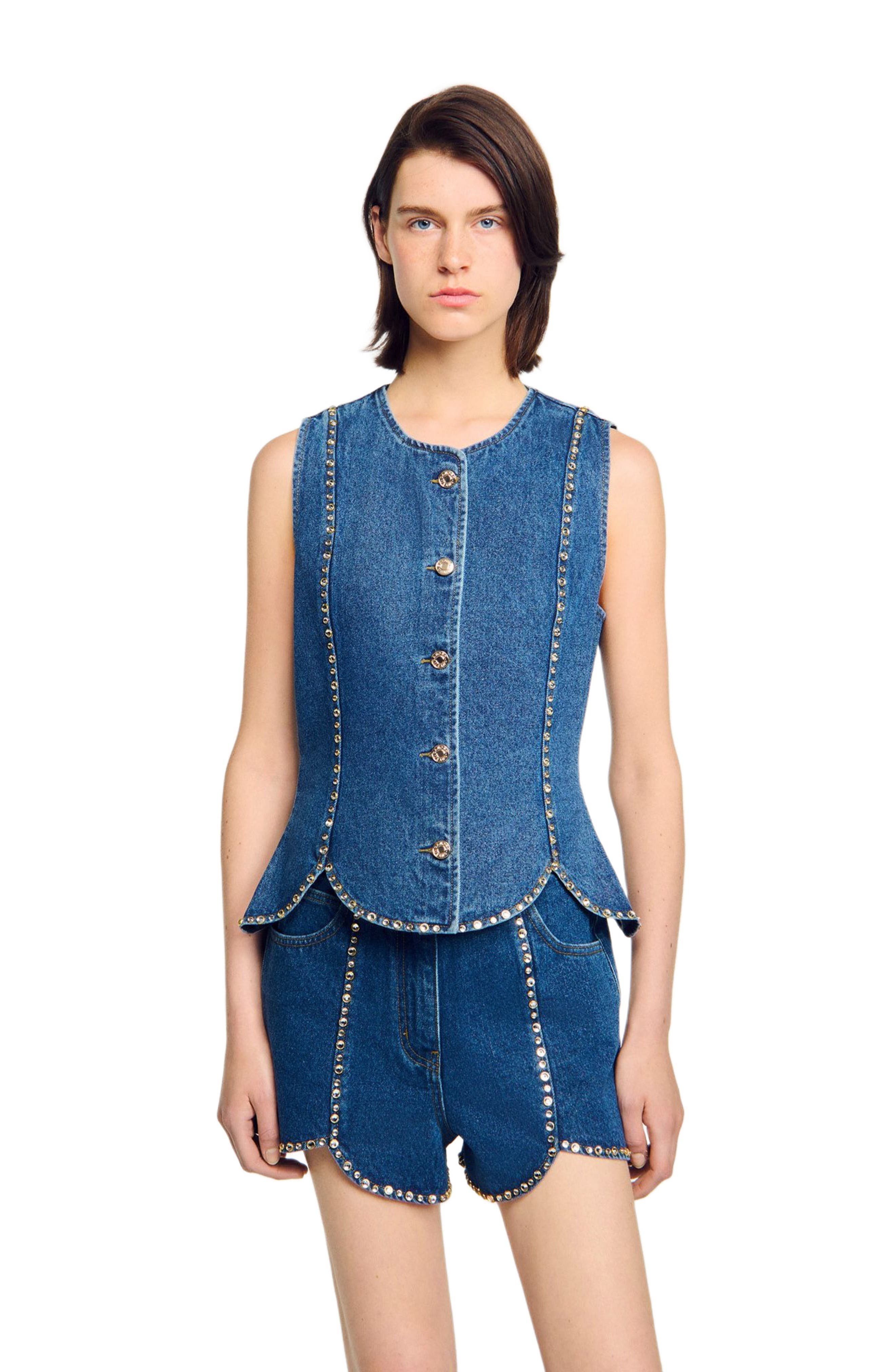 SANDRO Rhinestone denim top in Blue Jean at Nordstrom - 3