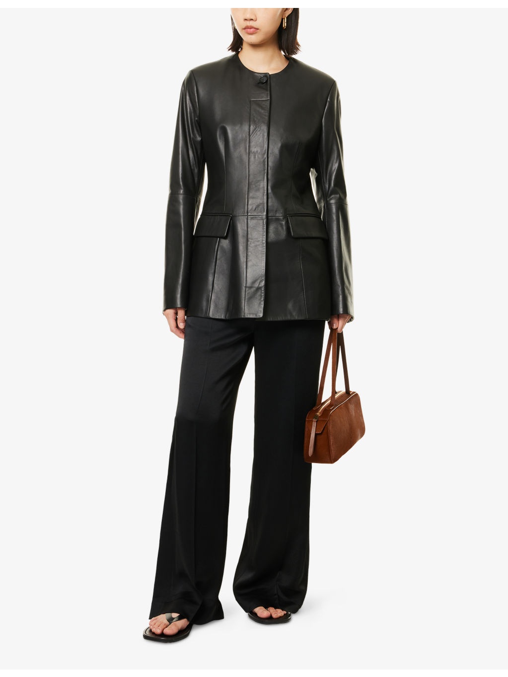 Collar-Less Long Leather Jacket - 2