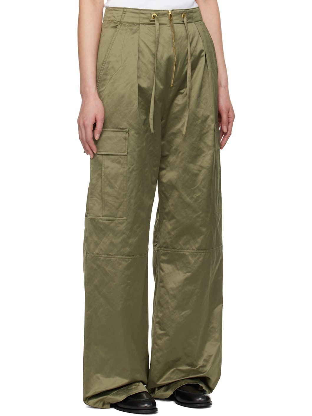 Khaki Cotton Satin Zipped Cargo Trousers - 2