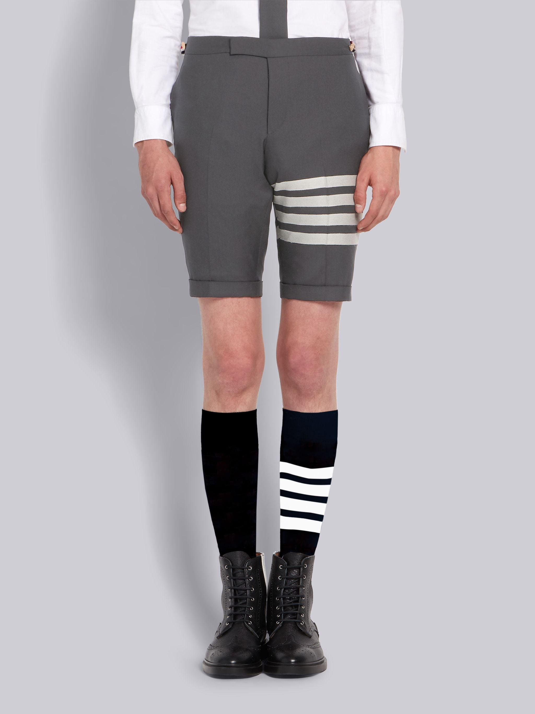 Medium Grey Plain Weave Suiting 4-Bar Shorts - 1