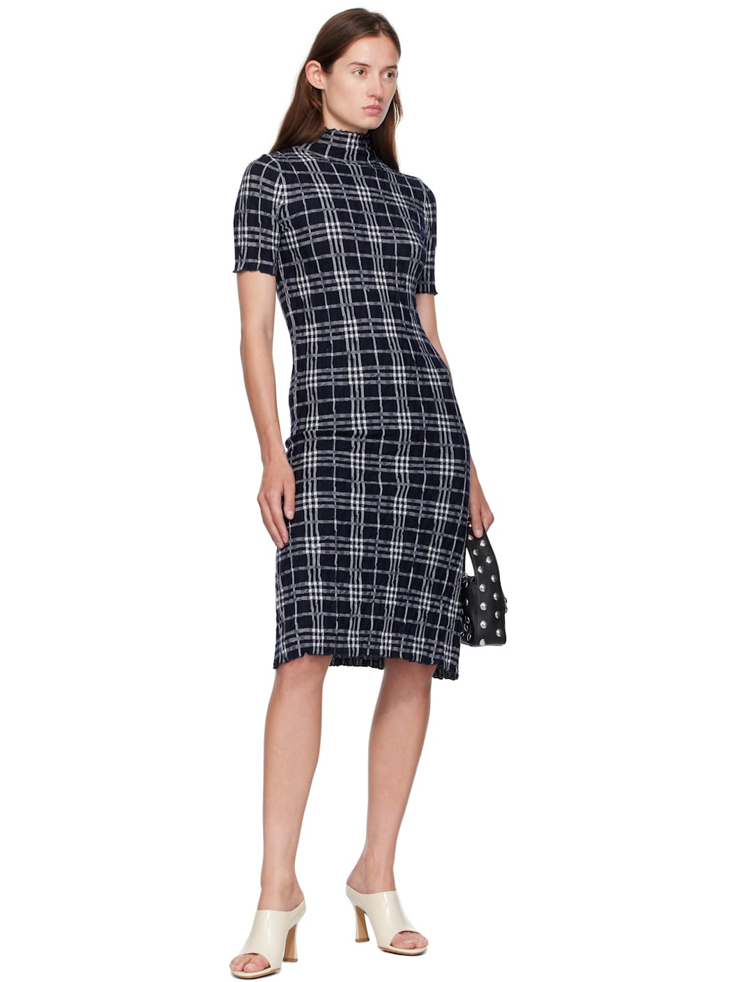 Navy & White Check Wool Blend Midi Dress - 4