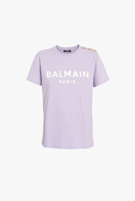 Lilac cotton T-shirt with flocked white Balmain logo - 1