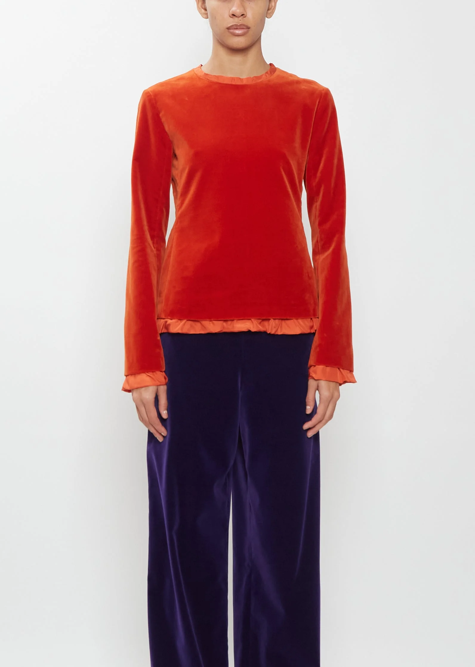 Cotton Velvet Crewneck Top — Deep Persimmon - 1