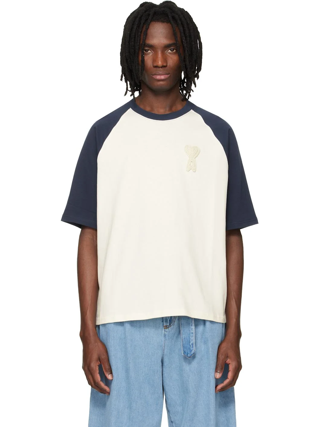 White & Blue Cotton Ami de Coeur Knitted Patch T-shirt - 1