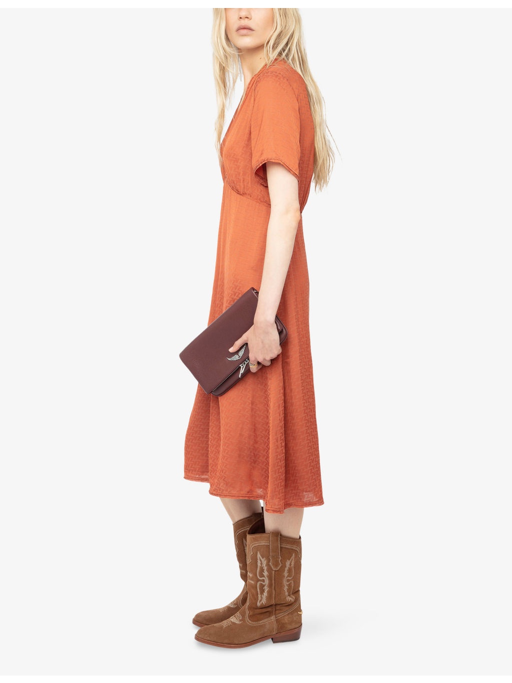 V-Neck Short-Sleeved Satin Midi Dress - 3