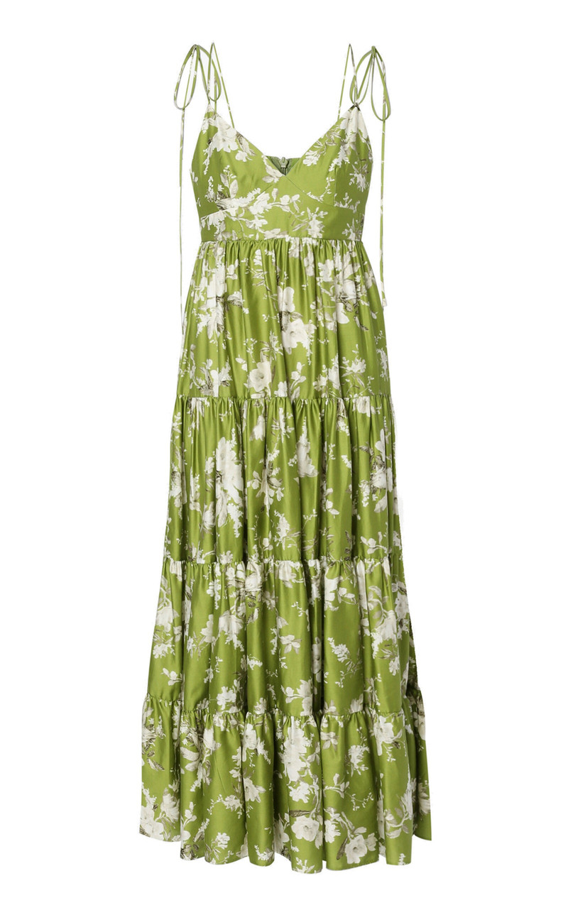 Tiered Printed Cotton Strapless Maxi Dress green 1