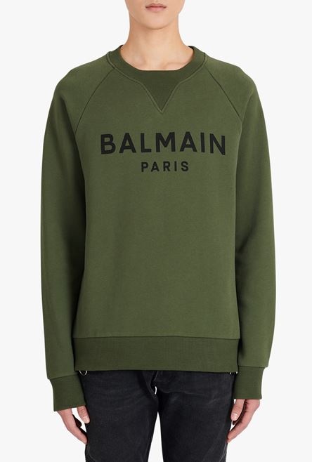 Khaki cotton sweatshirt with black Balmain Paris logo print - 5