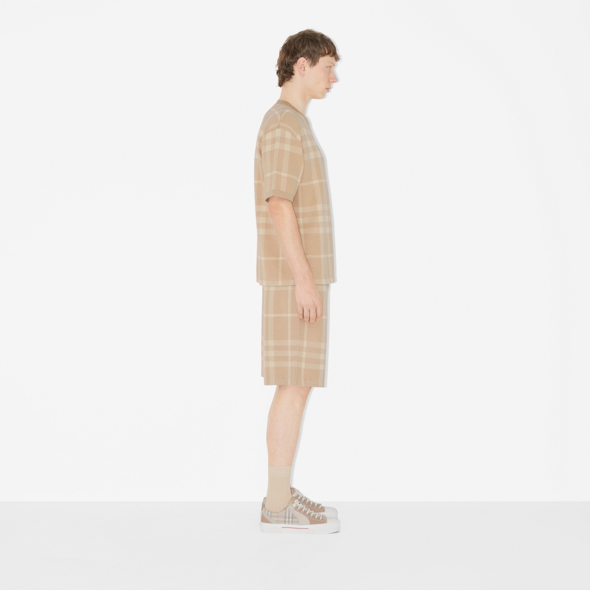 Short-sleeve Check Silk Wool Jacquard Top - 3