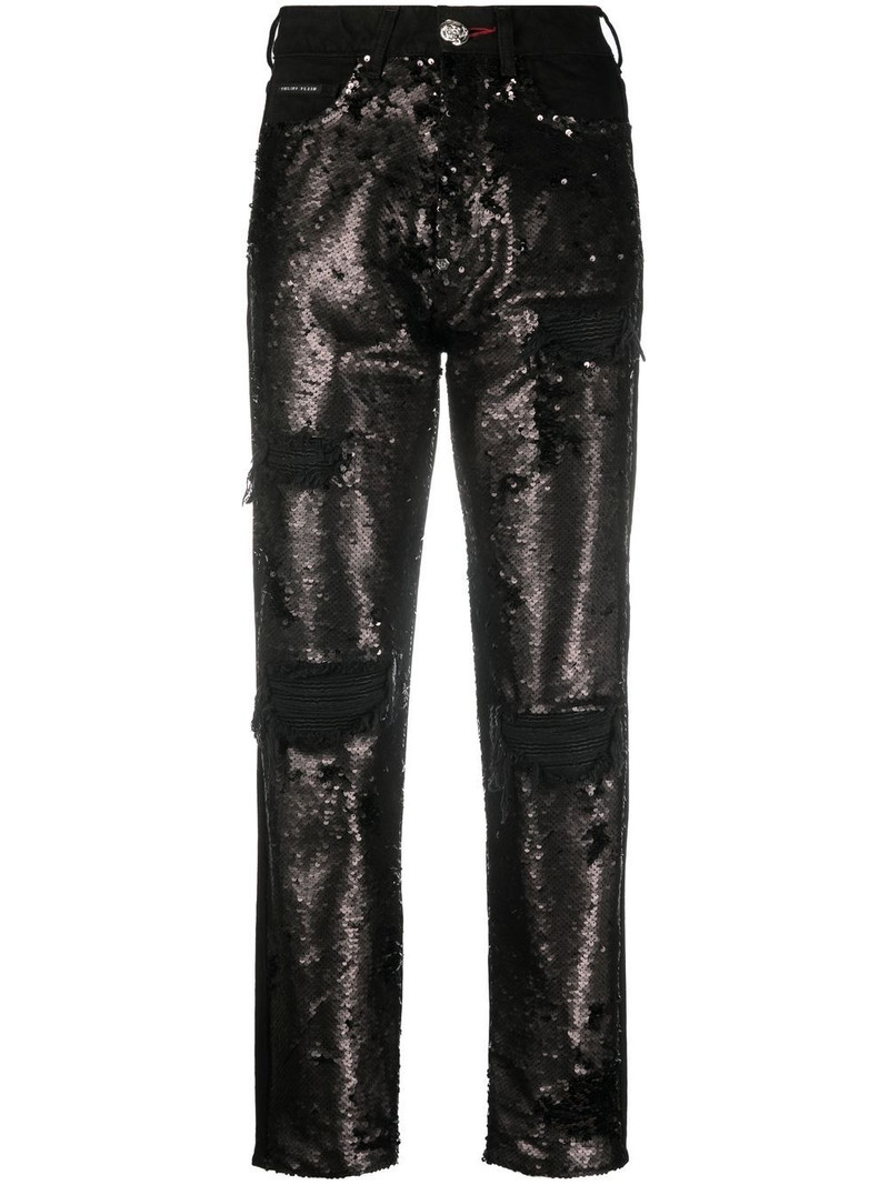 sequin-embellished high-waisted jeans 1