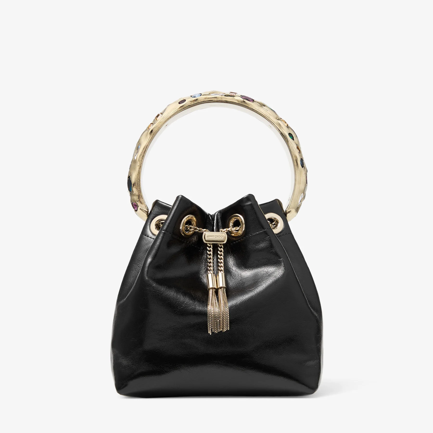 Bon Bon Black and Multi Shiny Biker Leather Bucket Bag with Organic Crystal Handle - 1