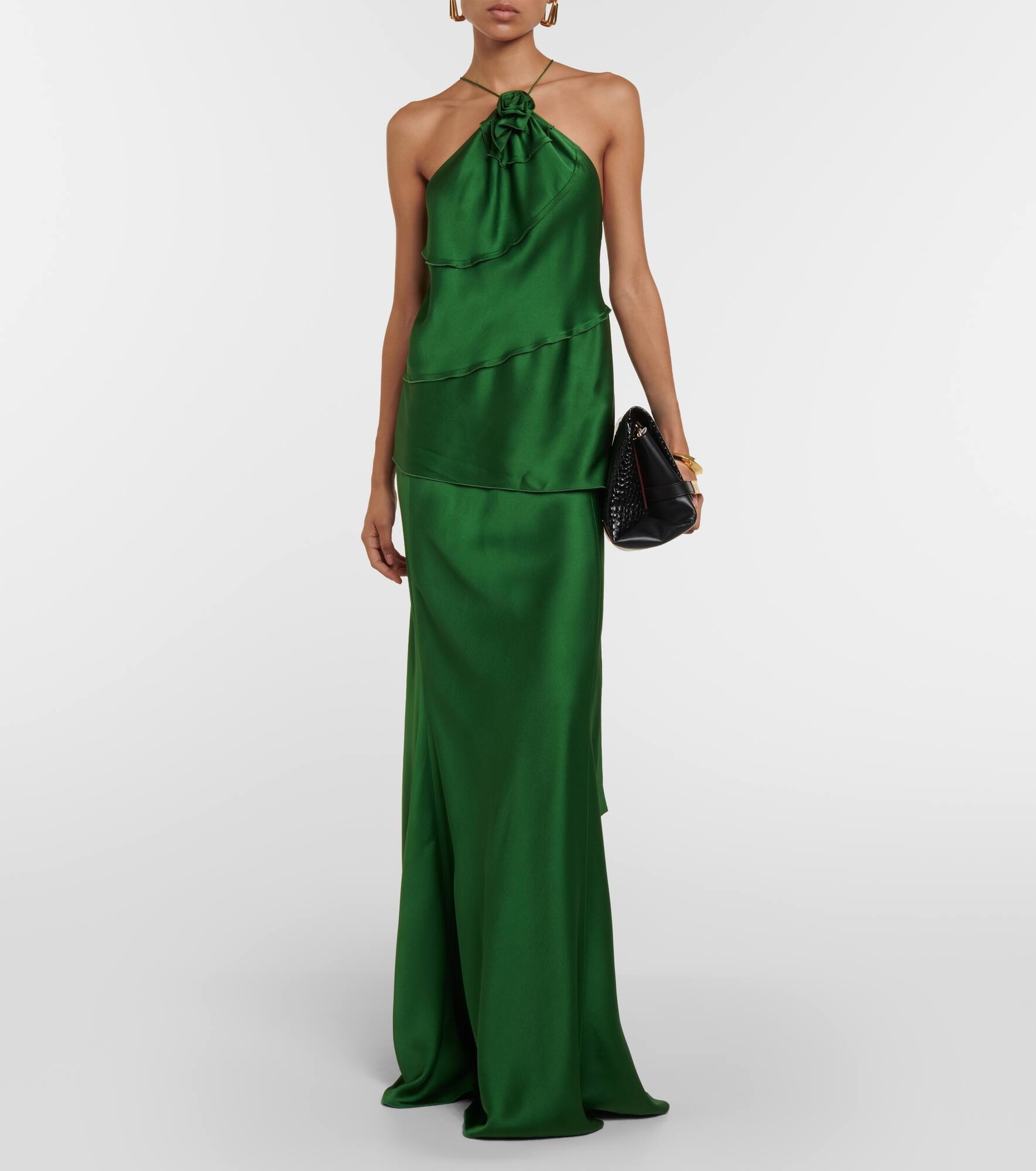 Floral-appliqué draped satin top - 2