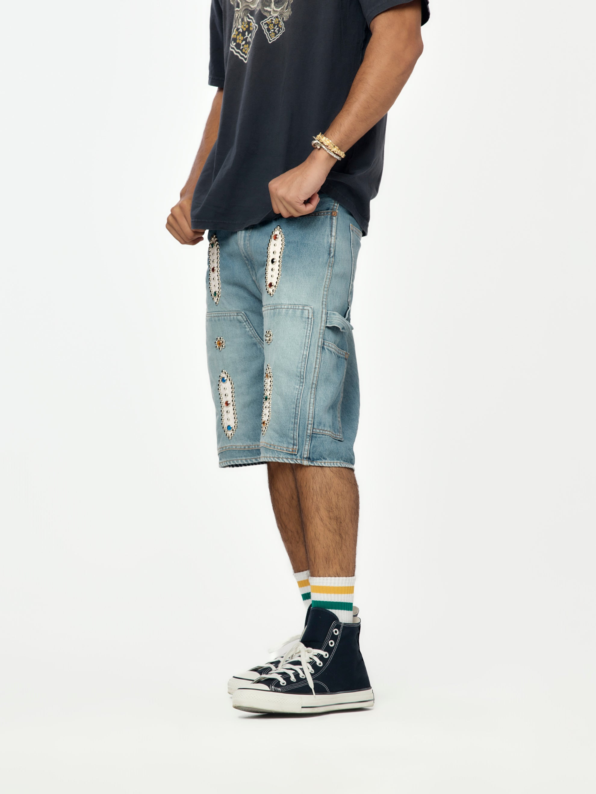 14OZ DENIM STUDS REMAKE SHORTS - 2