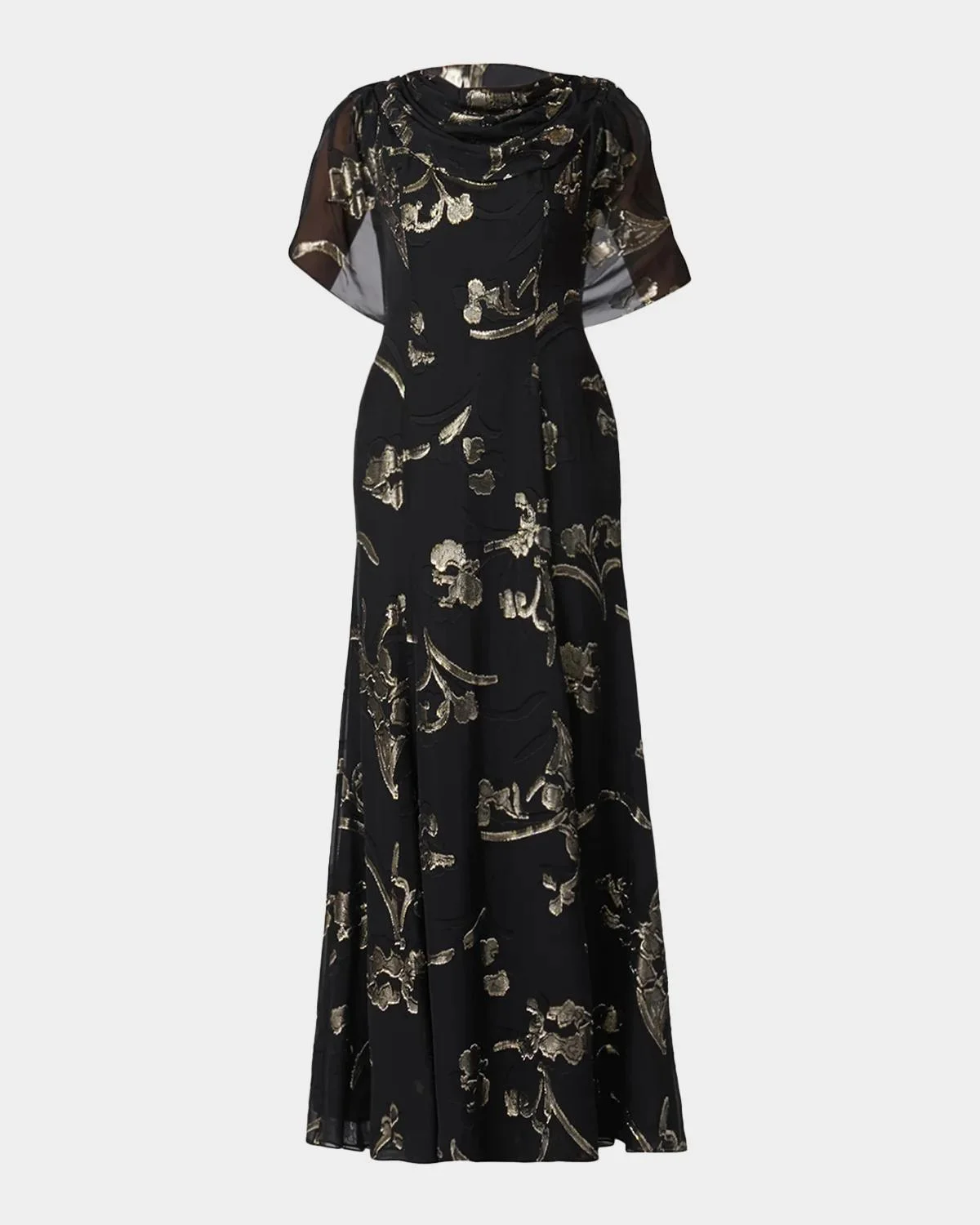 Annalynn Metallic Floral Chiffon Cape Gown - 1