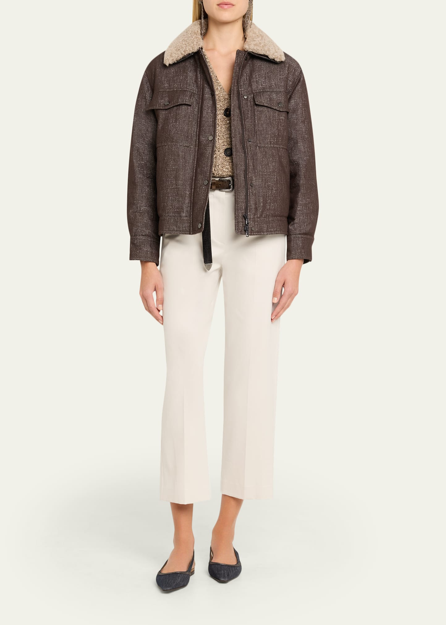 Sparkling Wool-Blend Padded Jacket with Removable Shearling Collar - 2