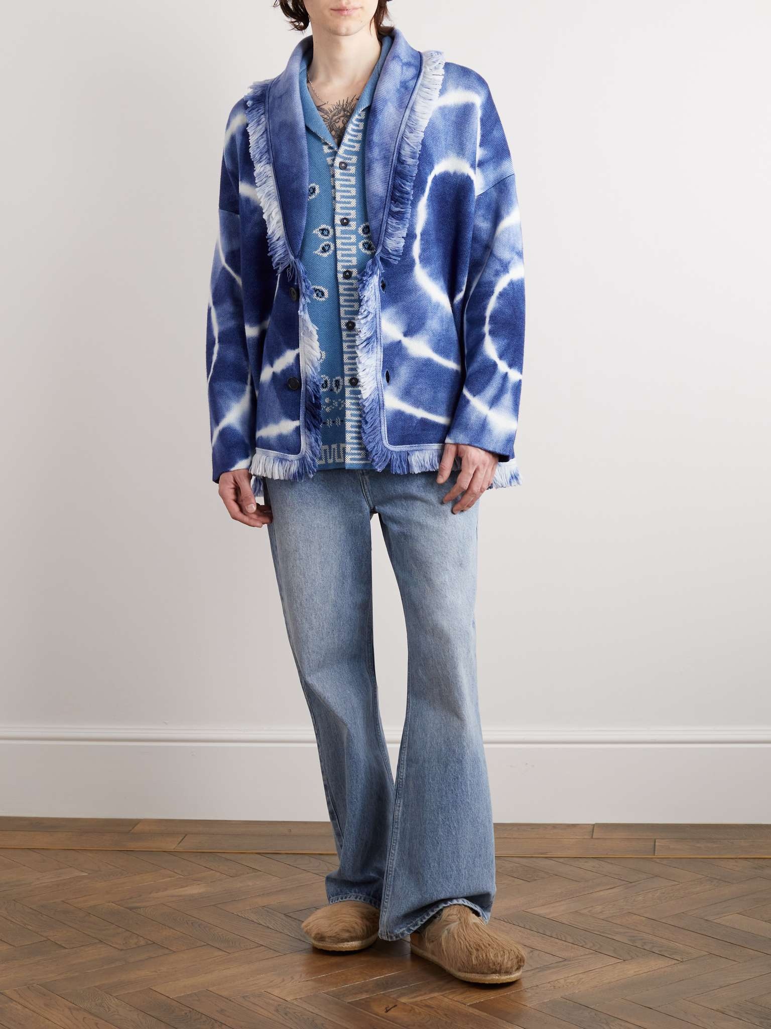 Shawl-Collar Fringed Belted Tie-Dyed Wool Cardigan - 2