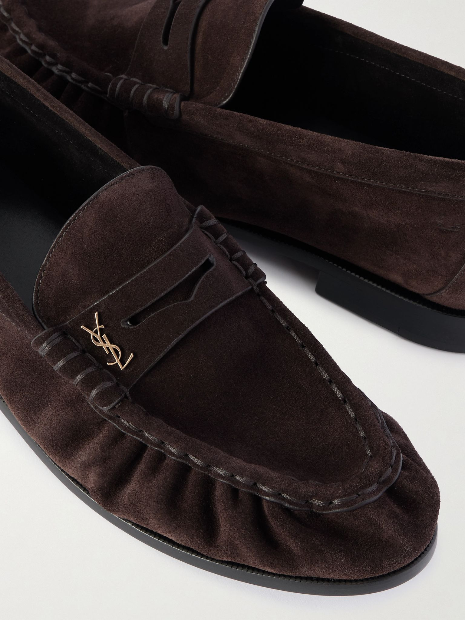 Le Loafer Monogram Logo-Appliquéd Suede Penny Loafers Brown - 5